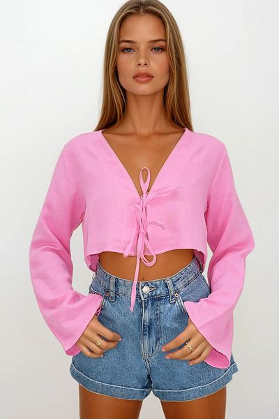 VAGGON Women's Pink Tie Detail Crop Muslin Blouse Vs00206