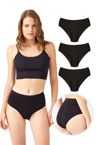 Cottonhill Cotton High Waist Gathering Women's Bikini Panties 3 Pack - 2