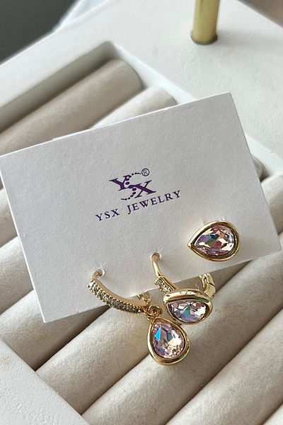 TAKIŞTIR مجموعة أقراط YSX مكونة من 3 قطع مع تفاصيل حجرية ذهبية اللون
