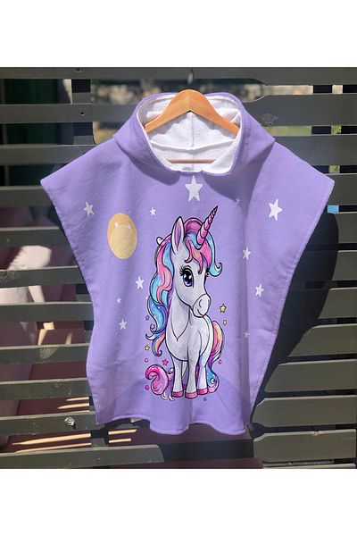 Evmila Unicorn Patterned Children's Poncho Beach Towel & Bathrobe 60X60 cm