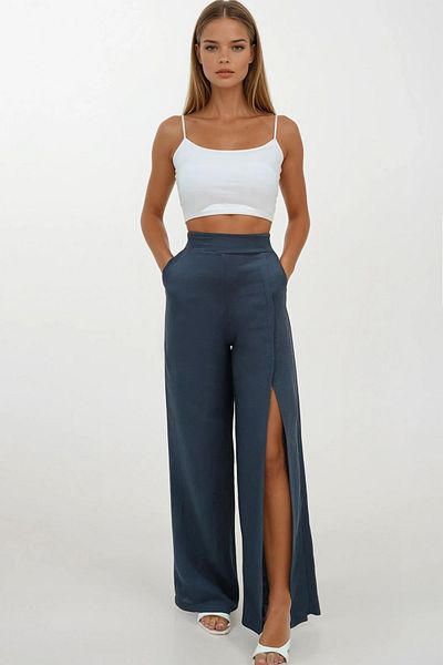 VAGGON Women's Anthracite Slit Detailed Double Pocket Elastic Waist Muslin Palazzo Trousers Vs00205