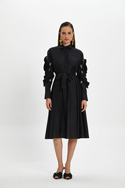 SERPİL Kolları İşleme Detaylı Kadın Midi Elbise - Modern ve Şık - Günlük ve Özel Günler için İdeal Elbise