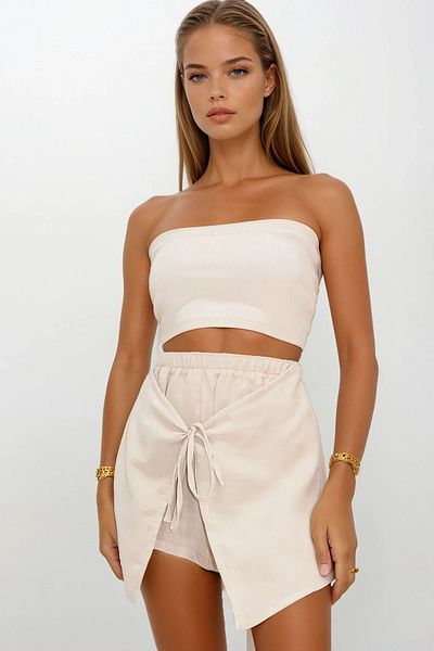 VAGGON Women's Beige Elastic Waist Tie Detailed Covered Muslin Short Skirt Vs00209