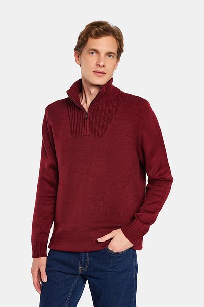 Tudors Men's Slim Fit Slim Fit Dobby Zippered Burgundy Stand Collar Sweater