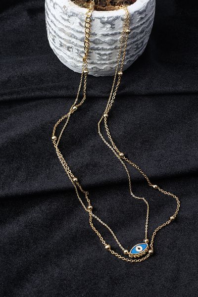 BY BARUN SİLVER Double Chain Necklace with Evil Eye Beads