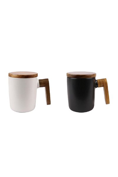 Bien Servi 2-Piece Coffee Mug with Bamboo Lid Black and White