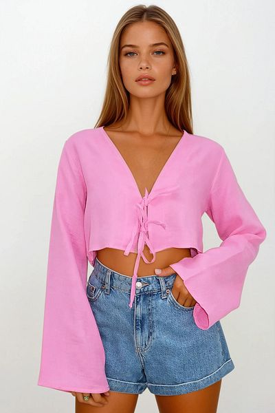 VAGGON Women's Pink Tie Detail Crop Muslin Blouse Vs00206