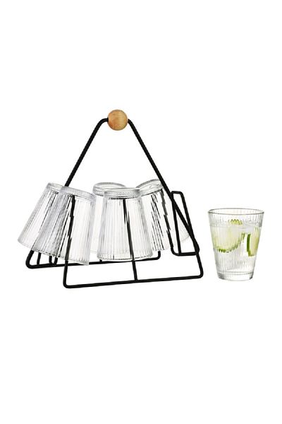 Bien Servi 6-Piece Contemporary Design Glass Drinking Set with Stand Clear and Black