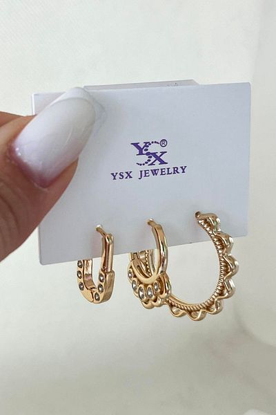 TAKIŞTIR مجموعة أقراط دائرية VIP مكونة من 3 قطع من YSX مع تفاصيل حجر ذهبي اللون
