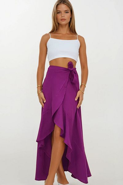 VAGGON Women's Purple Asymmetrical Cut Button Closure Muslin Skirt Vs00207