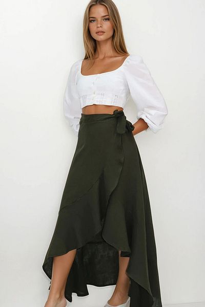 VAGGON Women's Khaki Asymmetrical Cut Button Closure Muslin Skirt Vs00207