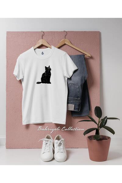 bahriyeli.jpeg تي شيرت للجنسين بتصميم رسم توضيحي للقطة السوداء الغامضة كبيرة ...