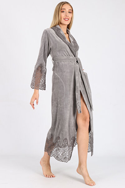 Nuşa Stripe Lace Niki Velvet Bamboo Cotton Dressing Gown