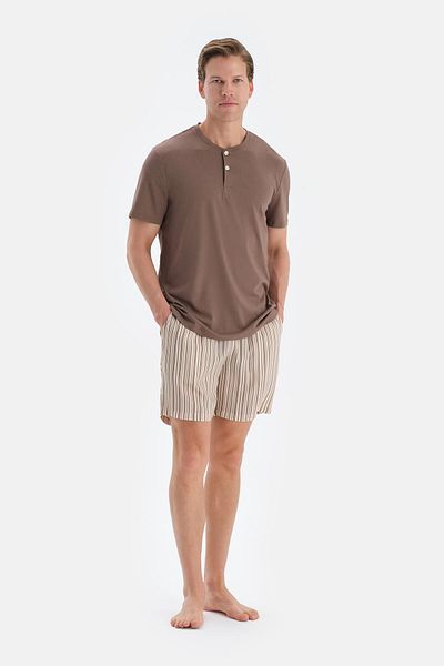 Dagi Light Coffee Half Placket Short Sleeve T-Shirt Shorts Pajamas Set