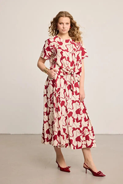 Gusto Tie-Up Patterned Linen Blouse - Claret Red