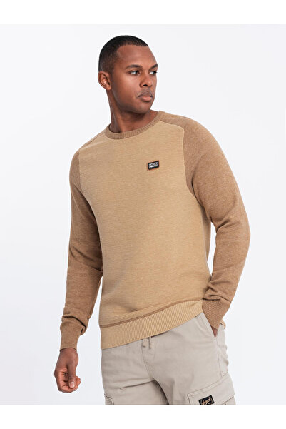 OMBRE Men's cotton sweater with patch and raglan sleeves - brown V4 OM-SWSW-0121 XL