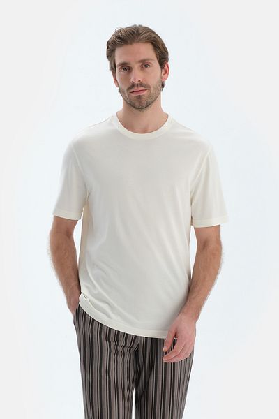 Dagi Ecru Short Sleeve Crew Neck Combed Cotton Modal T-Shirt