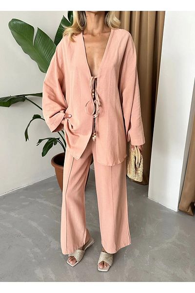 My Blog Salmon Beaded Kimono Linen Set - 8321