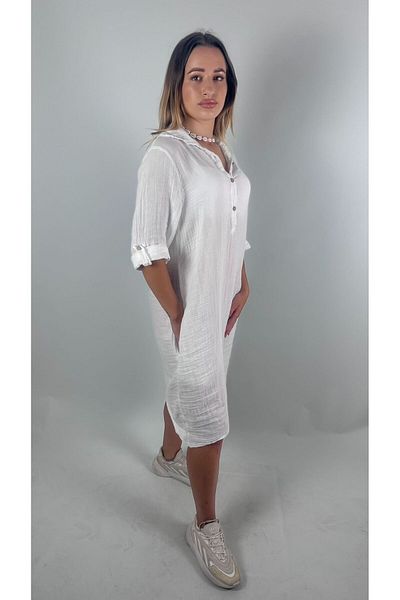 bomull textıle Muslin Fabric Collar Shirt Dress Tunic