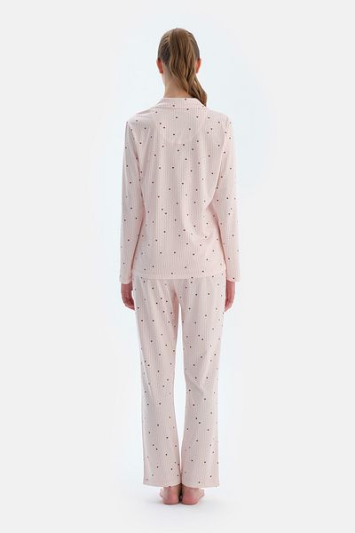 Dagi Ecru Heart and Line Printed Combed Modal Shirt Pants Pajama Set