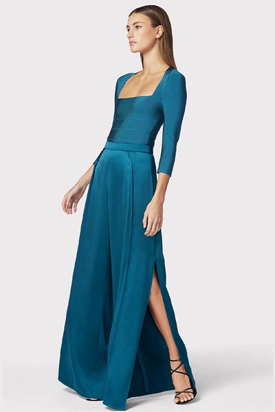Herve Leger PANTALONI ICON DIN MĂTASE CU TALIE ÎNALTĂ - HERVE LEGER - TURCOAZ, XS