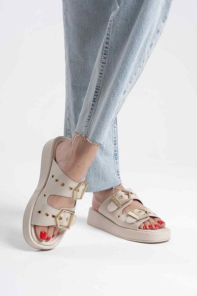 Zerenyus Glos Premium Double Buckle Beige Women's Slippers