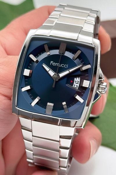 Ferrucci Men's Wrist Watch with Calendar Steel Case & Steel Cord Silver-Blue Zmfer184