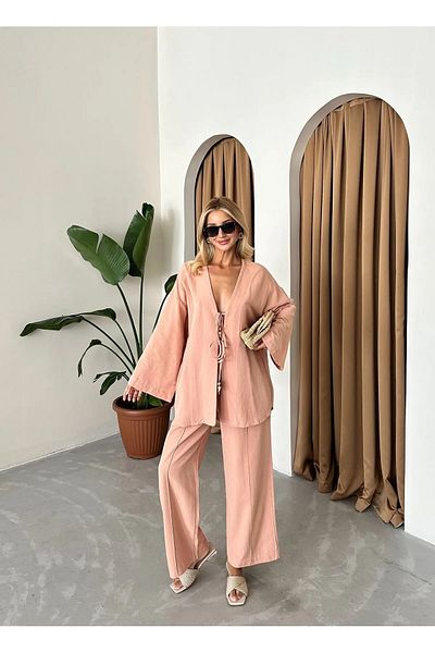 My Blog Salmon Beaded Kimono Linen Set - 8321