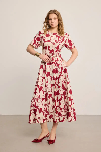 Gusto Patterned Pleated Linen Skirt - Claret Red