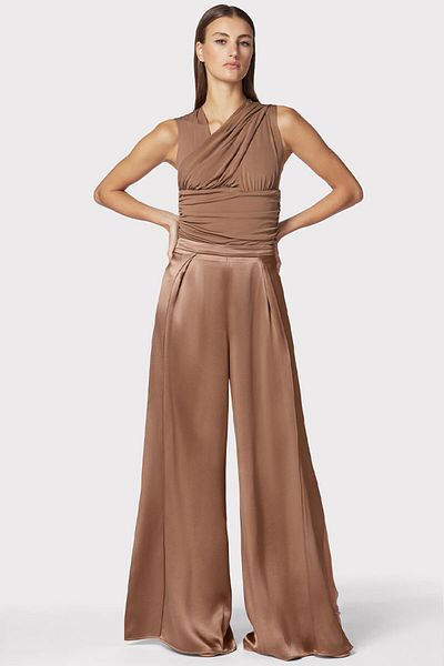 Herve Leger PANTALONI CU TALIE ÎNALTĂ DIN MĂTASE CU ICOANĂ - HERVE LEGER - BEJ, XS