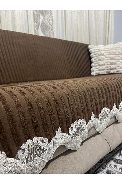 DECORA CASA HOME COLLECTİON Калъф за разтегателен диван от дантелени райета, гъбен кадифе, неплъзгащ се, 170 x 210