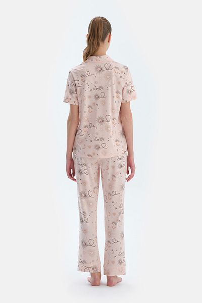 Dagi Pink Meterage Printed Combed Modal Shirt Pants Pajama Set