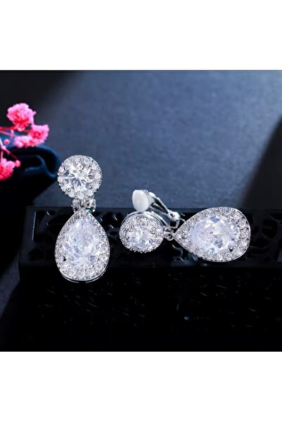 VİYA Öğretmenler Günü Hediyesi Elisa Gümüş Renk Deliksiz Sıkıştırmalı Zirkon Taşlı Abiye Küpe