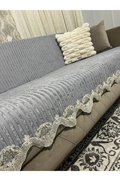 DECORA CASA HOME COLLECTİON Husă de canapea extensibilă anti-alunecare din catifea cu dungi din dantelă 170 x 210