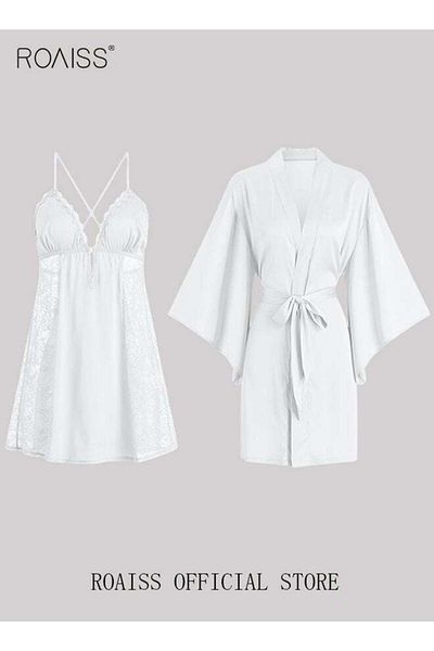 ROAISS 2 Piece Nightgown Set Women's Sweet Halter Nightdress Lace Lingerie Sleepwear Home Dress Set Romanti