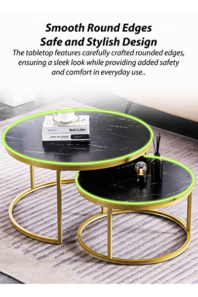 DBLEW Set of 2 Modern Black Faux Marble Finish Round Nesting Coffee Table Side Stackable Accent Tea Tables