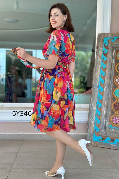 İnce Topuk Double Breasted Collar Flange Sleeve Chiffon Dress 5Y346