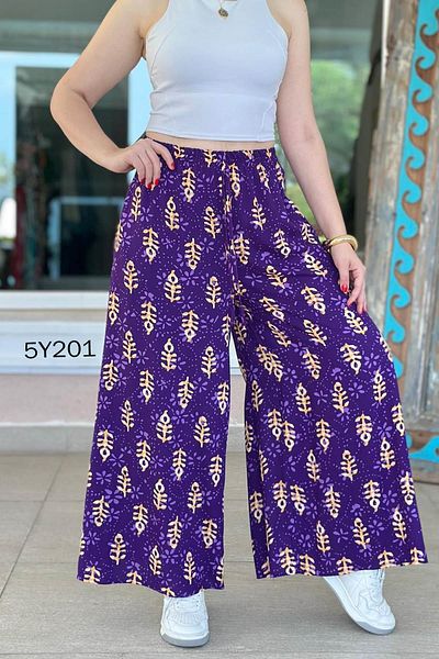 İnce Topuk Patterned Viscose Wide Leg Trousers 5Y201