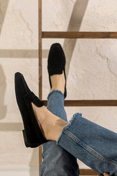 MYPOPPİSHOES Black Genuine Suede Loafer Violin