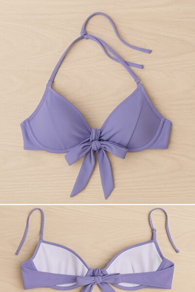 enmodaiçgiyim Women's Lilac Underwire Front Tie Fixed Covered Bikini Top
