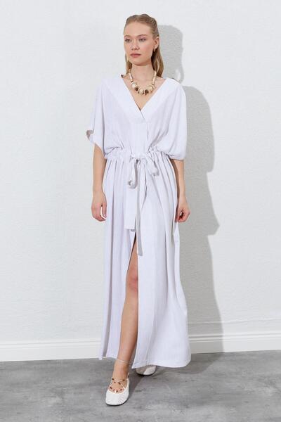 TENA Γυναικείο φυσικό μακρύ φόρεμα με χαμηλό μανίκι με ζώνη με λινό