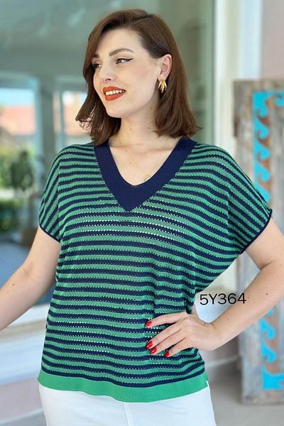 İnce Topuk Striped V-Neck Mercerized Blouse 5Y364