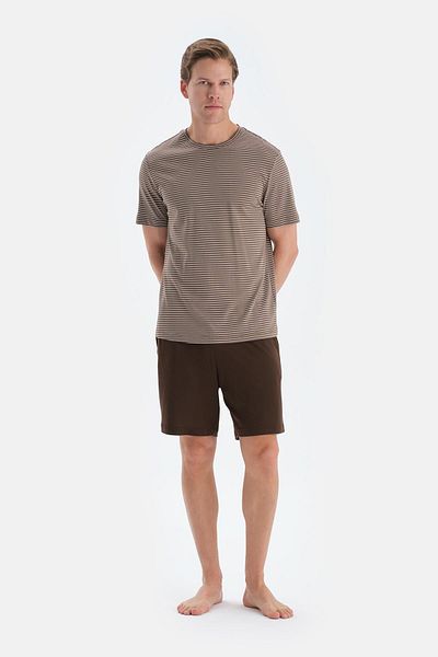 Dagi Light Coffee Striped Short Sleeve T-Shirt Shorts Pajamas Set