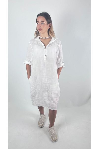 bomull textıle Muslin Fabric Collar Shirt Dress Tunic
