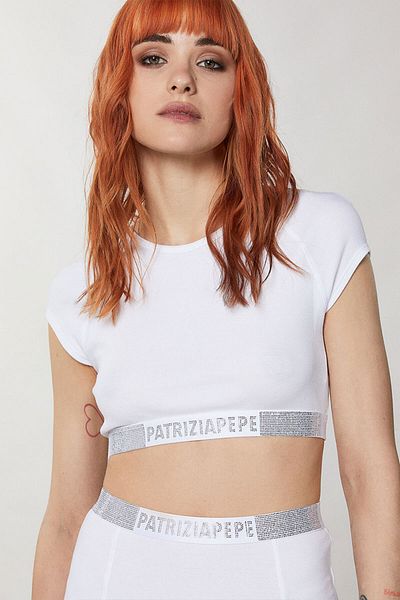 Patrizia Pepe Top Crop cu Strasuri - - Alb, L, Sv2024