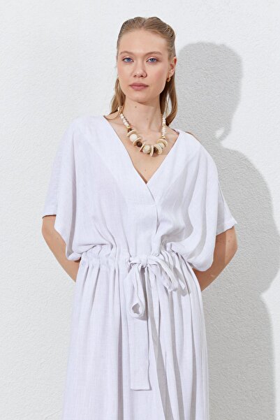 TENA Γυναικείο φυσικό μακρύ φόρεμα με χαμηλό μανίκι με ζώνη με λινό