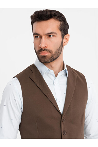OMBRE Εφαρμοστό ανδρικό πλεκτό γιλέκο με πέτα - καφέ V2 OM-BLZV-0144 L
