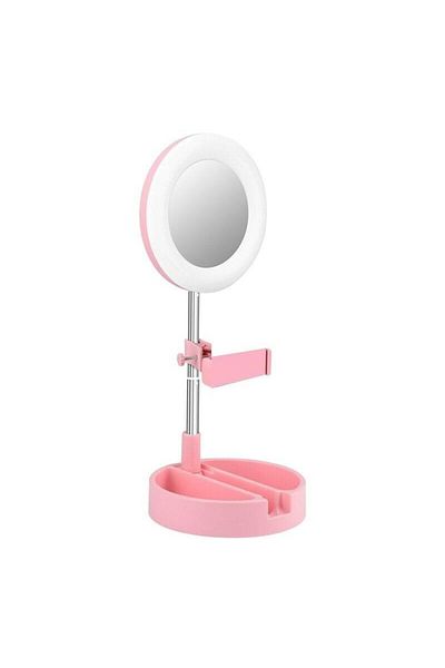 SIKS ® round makeup mirror, with phone holder and accessories, height 28 cm, pink