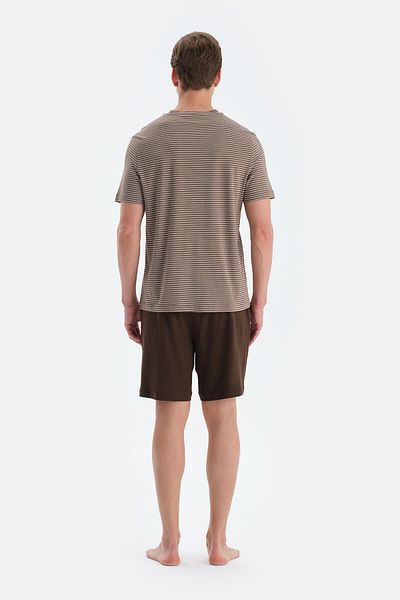 Dagi Light Coffee Striped Short Sleeve T-Shirt Shorts Pajamas Set