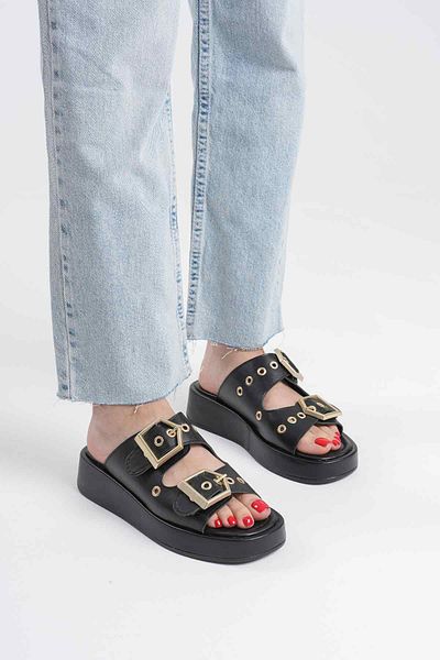 Zerenyus Glos Premium Double Buckle Black Women's Slippers